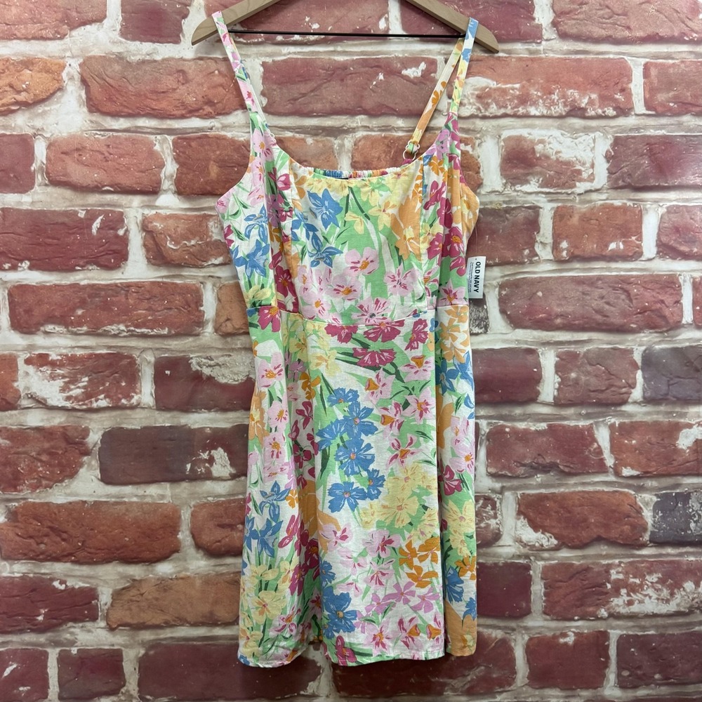 Old Navy Dress Women's L Petite Multicolor Garden Floral Linen Blend Sundress - Picture 2 of 11